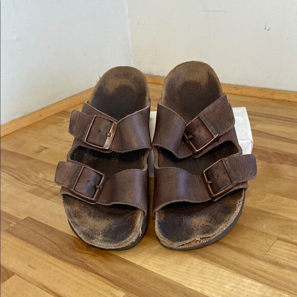 Birkenstock Brown Leather Two Strap Slide On Sandals Size EU 38 - Picture 1 of 9